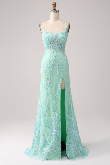 Sirena verde Spaghetti Straps Paillettes Abito da ballo lungo con fessura
